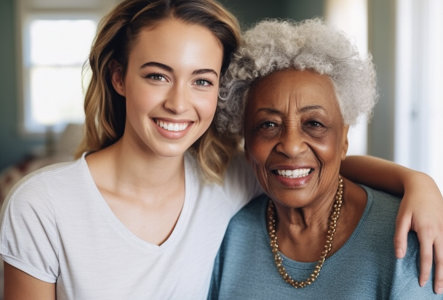 woman and senior woman smiling together